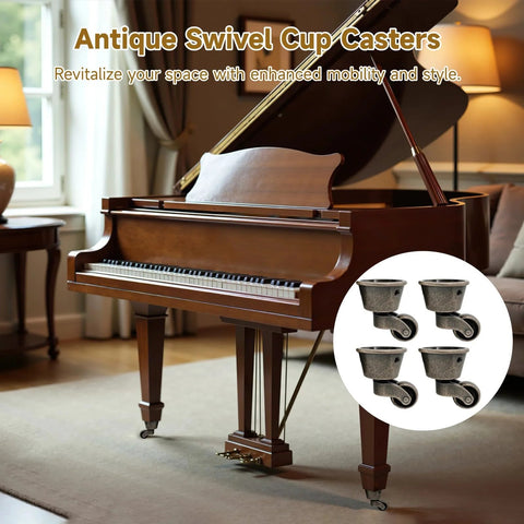 Set Of Four Antique Swivel Cup Casters With Zinc Alloy Construction Universal Round Wheels installed on piano, living room