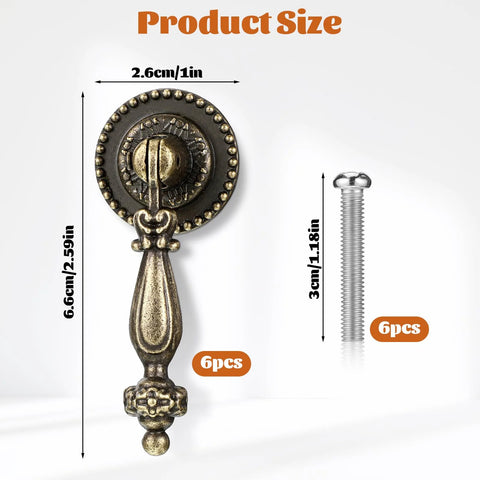 Size diagram for Six Antique Style Teardrop Cabinet Pulls With Mounting Screws In Vintage Bronze Finish Zinc Alloy