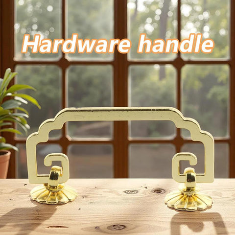 Two Piece Vintage Square Bail Cabinet Pull Hardware Set for Jewelry Box and Furniture on wooden table.