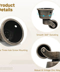 Set Of Four Antique Swivel Cup Casters With Zinc Alloy Construction Universal Round Wheels For Sofas Tables Chairs Cabinets 360 Degree Silent Swivel Casters With Screws Included Durable Electroplated Finish, showing product details like smooth 360° swiveling, stable three-hole screw mounting, and robust zinc alloy.