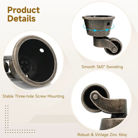 Set Of Four Antique Swivel Cup Casters With Zinc Alloy Construction Universal Round Wheels For Sofas Tables Chairs Cabinets 360 Degree Silent Swivel Casters With Screws Included Durable Electroplated Finish, showing product details like smooth 360° swiveling, stable three-hole screw mounting, and robust zinc alloy.