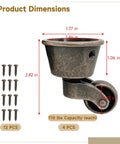 Set Of Four Antique Swivel Cup Casters With Zinc Alloy Construction Universal Round Wheels For Sofas Tables Chairs Cabinets 360 Degree Silent Swivel Casters With Screws Included Durable Electroplated Finish shown with dimensions and screws.