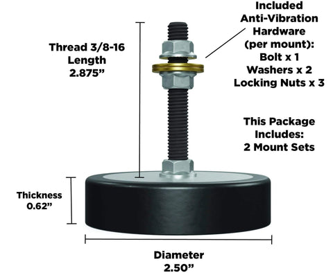 Dual-pack anti-vibration leveling mounts with Sorbothane viscoelastic polymer, 3/8-16 threads, 3 inch stud, 2.5 inch diameter, side view.