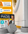 Anti-vibration pads for appliances, 4-pack, showing packaging and pads in use with a washing machine on shock-absorbing material.