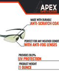 Apex Safety Glasses Anti Fog Scratch Resistant ANSI Z87 ISEA Indoor Outdoor with polycarbonate lens and rubber frame