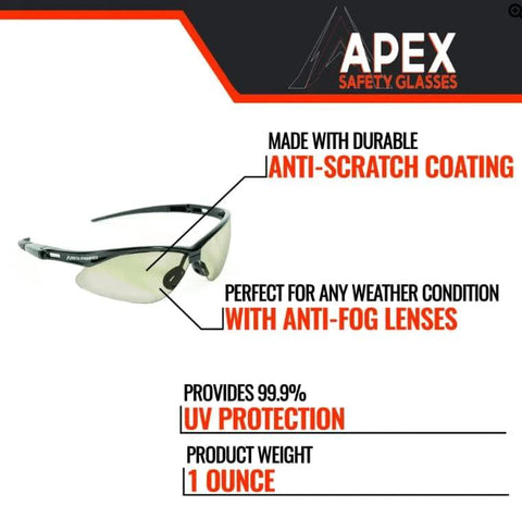 Apex Safety Glasses Anti Fog Scratch Resistant ANSI Z87 ISEA Indoor Outdoor with polycarbonate lens and rubber frame