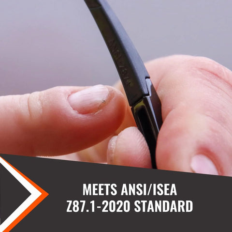 Close-up of the Apex Safety Glasses ANSI Z87 hinge, highlighting durable build and ANSI/ISEA Z87.1-2020 compliance.