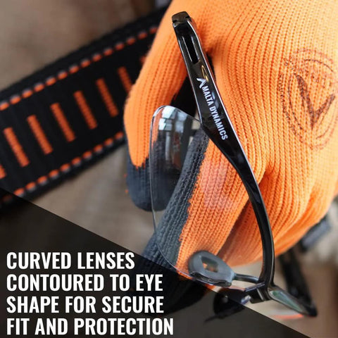 Apex Safety Glasses Anti Fog Scratch Resistant ANSI Z87 ISEA Indoor Outdoor held by gloved hand showing curved lenses