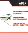 Apex Safety Glasses Anti Fog Scratch Resistant ANSI Z87 ISEA Indoor Outdoor with labeled features including nose bridge and flexible tips.
