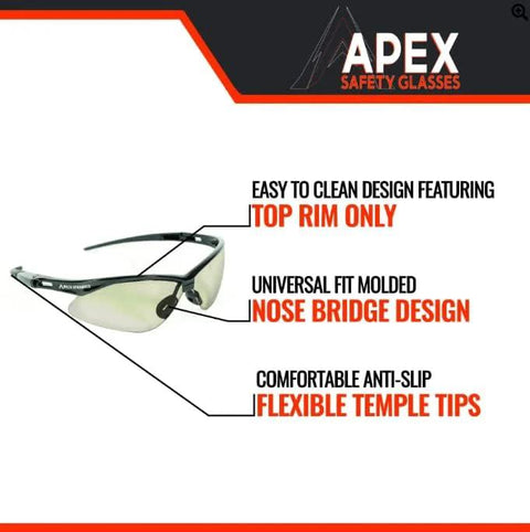 Apex Safety Glasses Anti Fog Scratch Resistant ANSI Z87 ISEA Indoor Outdoor with labeled features including nose bridge and flexible tips.