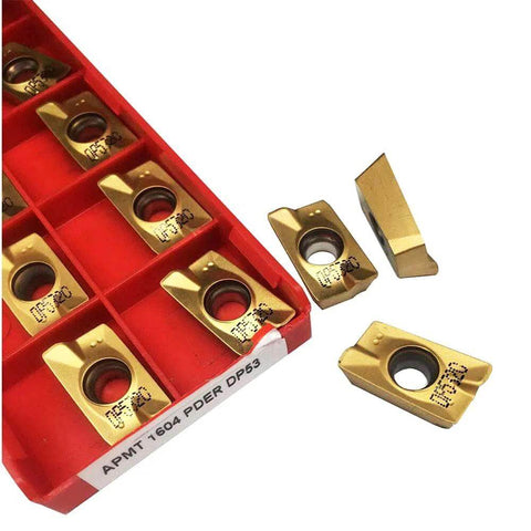 Ten Piece APMT1604 PDER Turning Inserts Tin Coated Carbide For Steel Turning And Milling Dual Edge APKT1604 Inserts With CVD Coating For Finishing And Roughing 0.366 Inch IC 0.187 Inch Thick 85 Degree Nose in red packaging