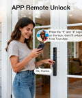 Woman using phone app to unlock sliding door with Sliding Door Smart Lock With Fingerprint And Six In One Access Pin Code RFID Card