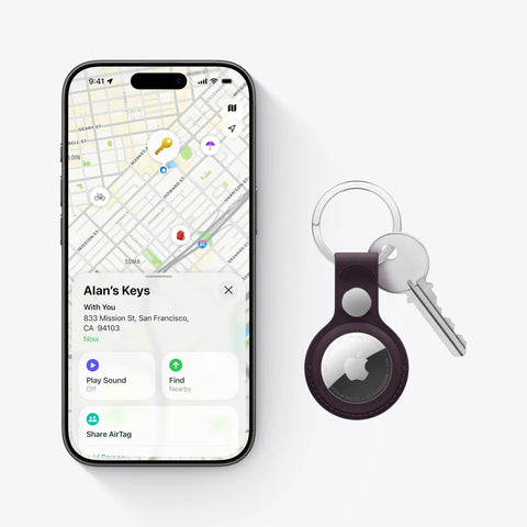 Apple AirTag 2nd Generation Tracker in keychain next to iPhone, showing Find My app for locating keys.