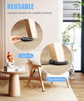Close-up of apple shaped plastic shims under chair legs, highlighting ease of use for leveling uneven floors.
