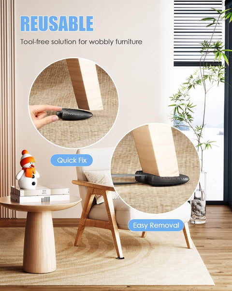 Close-up of apple shaped plastic shims under chair legs, highlighting ease of use for leveling uneven floors.
