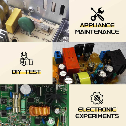 Close-up of electronic circuit boards with tools for appliance maintenance, DIY tests, and electronic experiments.