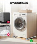 Washing machine on appliance rollers with 360° swivel wheels, anti slip heavy duty extendable mover tools for moving and stable alignment.