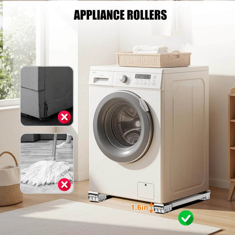 Washing machine on appliance rollers with 360° swivel wheels, anti slip heavy duty extendable mover tools for moving and stable alignment.