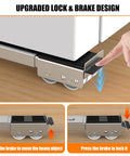 Finger demonstrating the lock and brake mechanism on appliance rollers with 360° swivel wheels, anti slip heavy duty extendable mover tools.