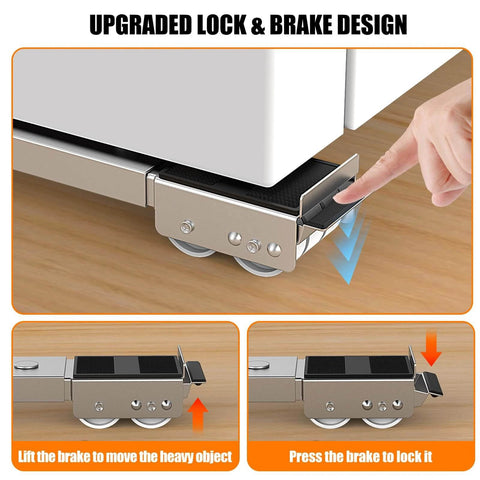 Finger demonstrating the lock and brake mechanism on appliance rollers with 360° swivel wheels, anti slip heavy duty extendable mover tools.
