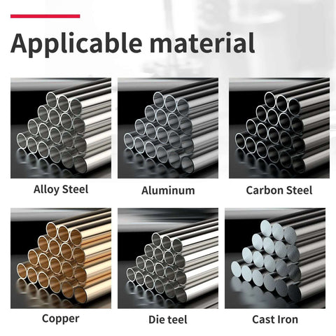 Images of alloy steel, aluminum, carbon steel, copper, die steel, and cast iron materials for adjustable hand reamer.