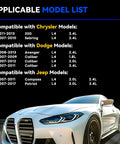 Applicable model list for Chrysler, Dodge, Jeep with images of a white car and model years.