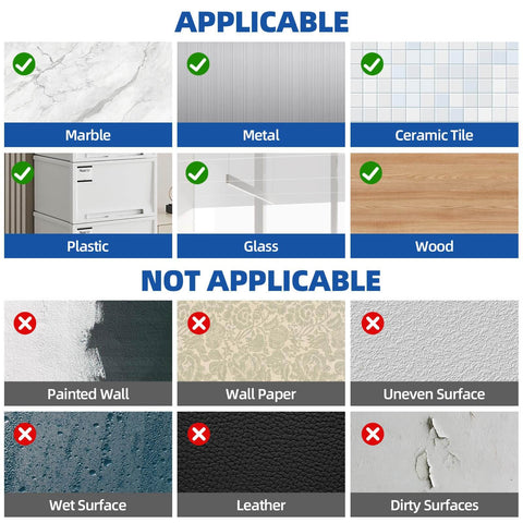 Surface compatibility chart showing applicable surfaces like marble, metal, ceramic tile, plastic, glass, wood, and non-applicable surfaces.