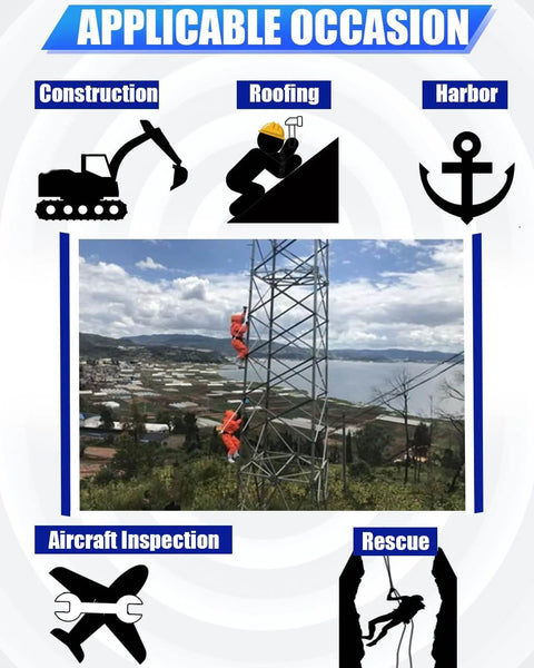 11 Foot Web Self Retracting Lifeline With No Tangle Lightweight Housing SRL External Shock Absorber Self Retractable Safety Lanyard For Fall Arrest PPE Gear OSHA ANSI Compliant Easy Extend And Retract For Quick Movement On The Job Site No Fuss used by workers climbing tall metal tower with scenic background