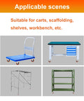 Various applications of 8 piece 4 inch heavy duty locking swivel casters with brake on carts, workbenches, and shelves.