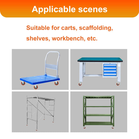 Various applications of 8 piece 4 inch heavy duty locking swivel casters with brake on carts, workbenches, and shelves.