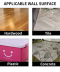 Image showing surfaces compatible with Heavy Duty Double Sided Fabric Tape: Hardwood, Tile, Plastic, and Concrete.