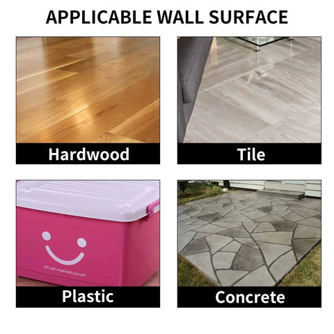 Image showing surfaces compatible with Heavy Duty Double Sided Fabric Tape: Hardwood, Tile, Plastic, and Concrete.