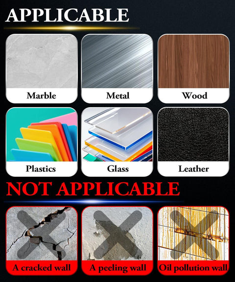 High Temperature Heavy Duty Double Sided Foam Tape For LED Strips 20 Ft By 0.5 Inch Waterproof Adhesive Super Sticky Bond For Automotive Trim Garage Home Decor Indoor And Outdoor Use, applicable surfaces shown include marble, metal, wood, plastics, glass, and leather; not applicable on cracked, peeling, or oil-stained walls.