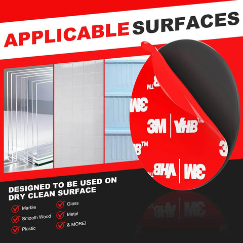 Heavy Duty Double Sided Mounting Tape Kit with 20 Adhesive Pads, showing applicable surfaces like marble, glass, metal, plastic.