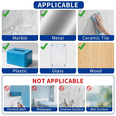 Compatibility guide image for Heavy Duty Double Sided Tape Nano Adhesive with applicable and non-applicable surfaces listed.