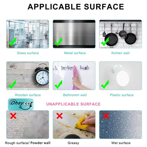 Ultra Strong Double Sided Tape For Indoors And Outdoors applicable and unapplicable surfaces guide, showing suitable and unsuitable surfaces
