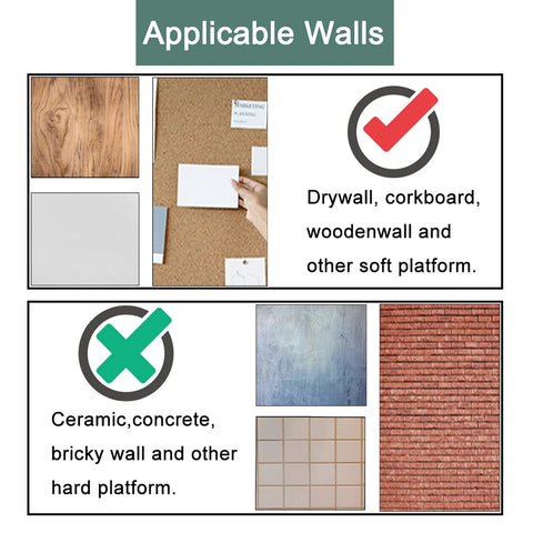 Chart showing applicable walls for 30 Pack Double Headed Push Pins Picture Hangers And Wall Hooks, highlighting different wall types.