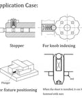 Diagram showing applications of 4x5mm Ball Plunger Set, 304 Stainless Steel Spring Loaded Ball Detent Plungers, illustrating stopper and fixture positioning.