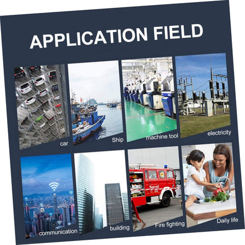 Collage showing various application fields: car, ship, machine tool, electricity, communication, building, firefighting, daily life.
