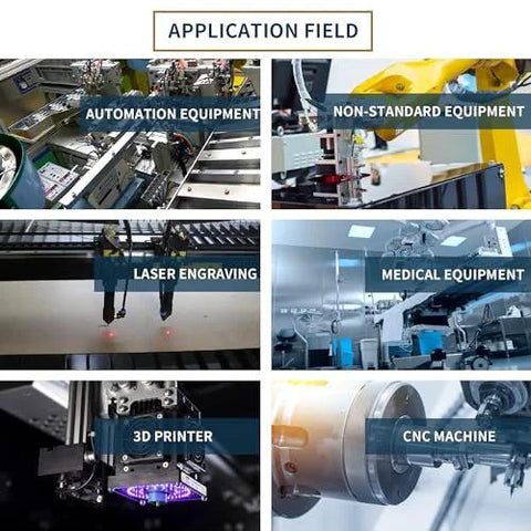 Application fields for Nema 17 Stepper Motor 78 Oz In 1.8A Dual Shaft For 3D Printer Router 17HS8401B shown in various equipment.