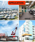 Collage showing applications: industrial base, office, wharf, factory with respective images of each environment.