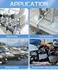 Industrial application collage: machinery piping, construction base, shipbuilding, and automobile manufacturing.