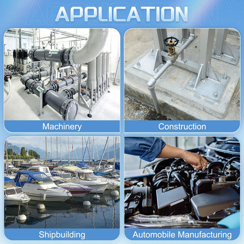 Industrial application collage: machinery piping, construction base, shipbuilding, and automobile manufacturing.