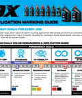 OX tools marking chalk color permanency and application guide with product range and usage recommendations for indoor and outdoor.