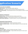 Application scenarios for construction, machinery, automotive, and other uses with detailed use cases and materials.