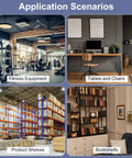 Collage showing fitness equipment, tables and chairs, warehouse product shelves, and living room bookshelves.