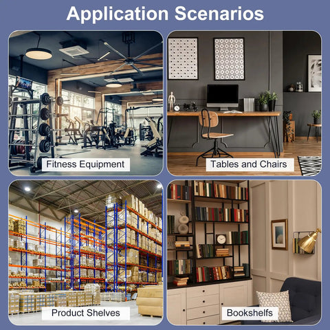 Collage showing fitness equipment, tables and chairs, warehouse product shelves, and living room bookshelves.