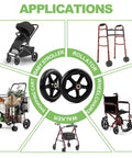 Applications of 2 Pack 6 Inch Rubber Wheelchair Wheels Replacement for Walkers, Rollators, Wheelchairs; use with strollers and carts.