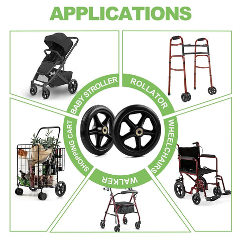 Applications of 2 Pack 6 Inch Rubber Wheelchair Wheels Replacement for Walkers, Rollators, Wheelchairs; use with strollers and carts.