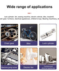 Collage of applications for Sewing Machine Oil And High Temperature Lubricant For Precision Machines, including gears, bike, and fan.